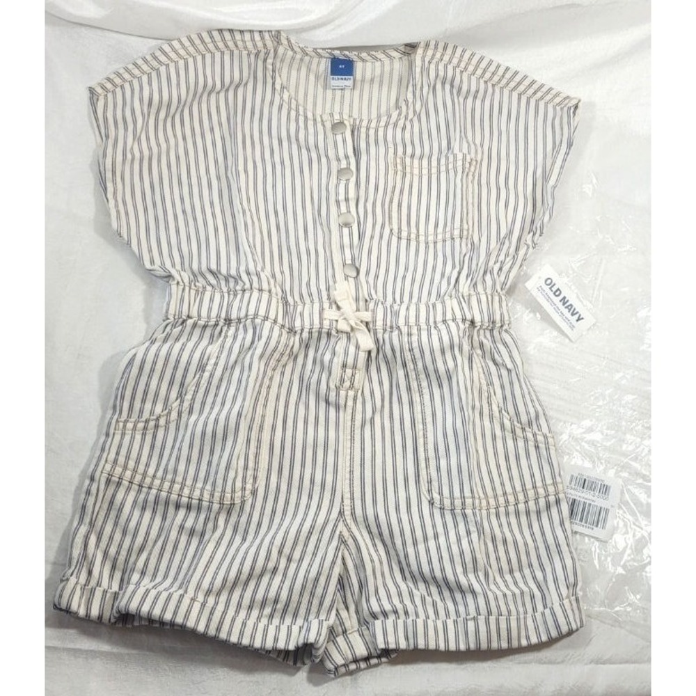 Old Navy Toddler Girl's Short Sleeve Utility Jean Romper - Blue Striped - 5T